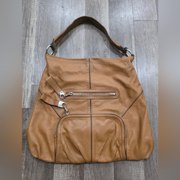 B. Makowsky Tan Brown Leather Hobo Shpukder Bag Boho Classy Preppy 90s Zipper - Picture 1 of 13